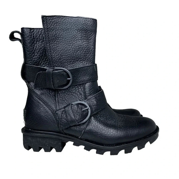 Sorel Phoenix Black Leather Waterptoof Moto Engineer Boot Size 6 - Picture 3 of 10